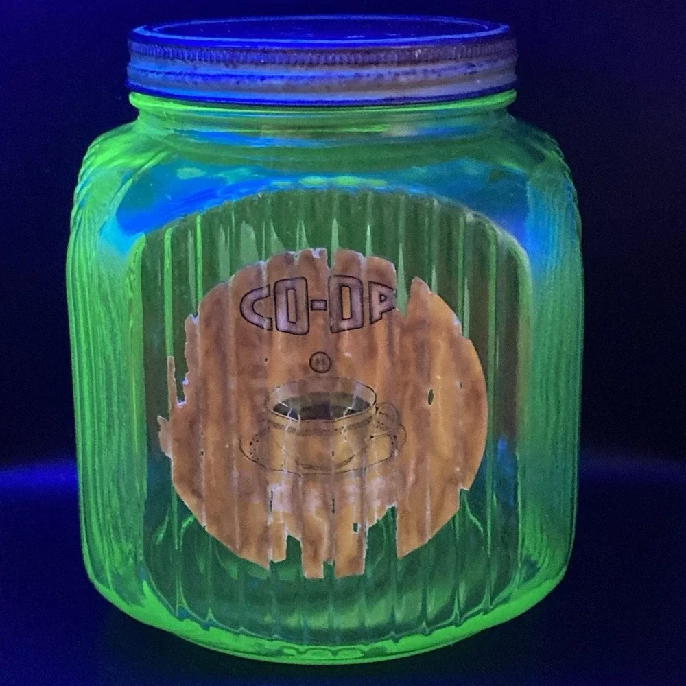Vtg Anchor Hocking Jar Hoosier Ribbed Green Uranium Co-Op Coffee Sugar Label #2